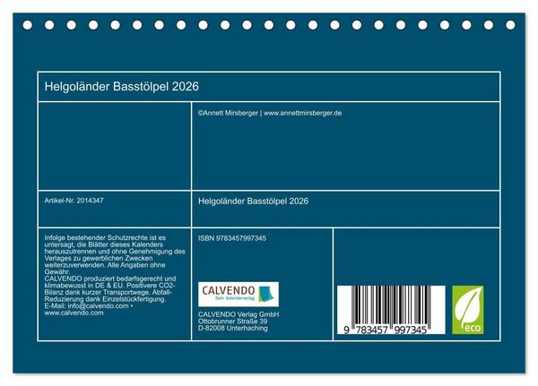 Produktbild: Helgol&auml;nder Basst&ouml;lpel 2026 (Tischkalender 2026 DIN A5 quer), CALVENDO Monatskalender