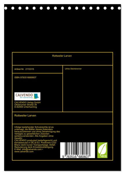 Produktbild: Rottweiler Larven (Tischkalender 2026 DIN A5 hoch), CALVENDO Monatskalender