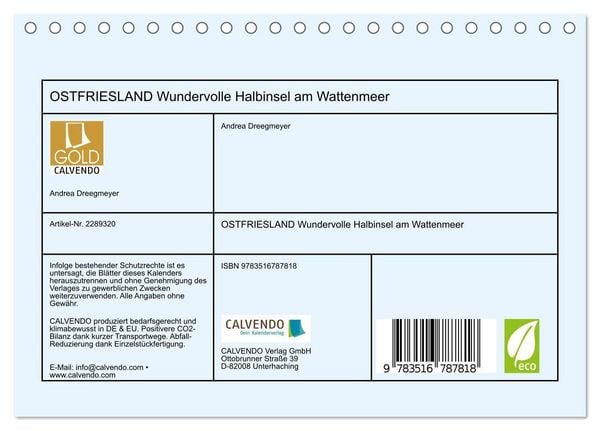 Produktbild: OSTFRIESLAND Wundervolle Halbinsel am Wattenmeer (Tischkalender 2027 DIN A5 quer), CALVENDO Monatskalender