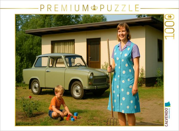 Produktbild: CALVENDO Puzzle Das kleine Gl&uuml;ck mit Datsche und Kittelsch&uuml;rze und Trabant 601 | 1000 Teile Lege-Gr&ouml;&szlig;e 64x48cm Foto-Puzzle f&uuml;r gl&uuml;ckliche Stunden