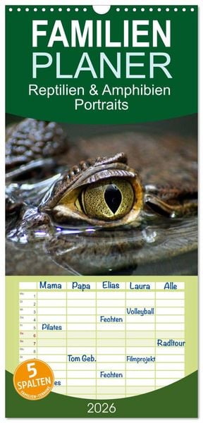 Produktbild: Familienplaner 2026 - Reptilien & Amphibien Portraits mit 5 Spalten (Wandkalender, 21 x 45 cm) CALVENDO