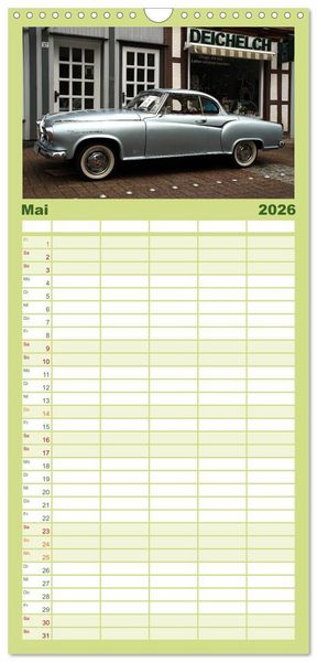 Produktbild: Familienplaner 2026 - Oldtimer vergangenger Jahrzehnte mit 5 Spalten (Wandkalender, 21 x 45 cm) CALVENDO