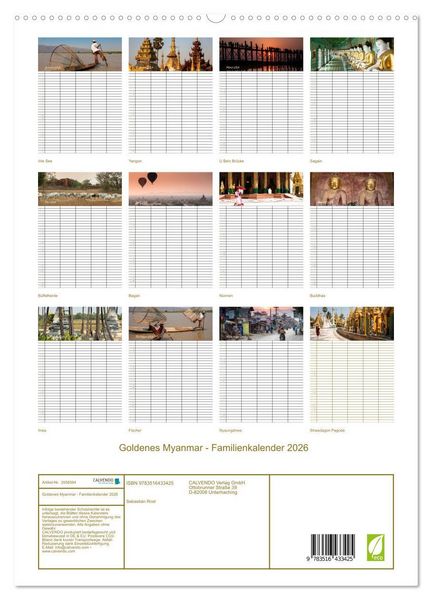 Produktbild: Goldenes Myanmar - Familienkalender 2026 (hochwertiger Premium Wandkalender 2026 DIN A2 hoch), Kunstdruck in Hochglanz