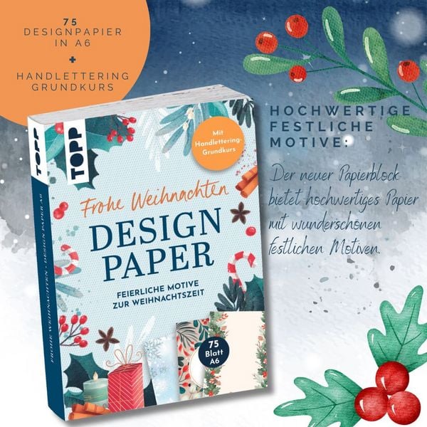 Produktbild: Design Paper A6 Frohe Weihnachten. Mit Handlettering-Grundkurs