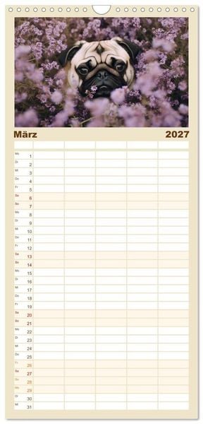 Produktbild: Familienplaner 2027 - Lustige Mops-Hunde: Die charmanten Meister von Chaos und Unfug mit 5 Spalten (Wandkalender, 21 x 45 cm) CALVENDO