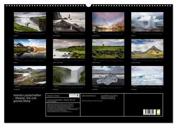 Produktbild: Islands Landschaften - Wasser, Eis und gr&uuml;nes Moos (Wandkalender 2026 DIN A2 quer), CALVENDO Monatskalender