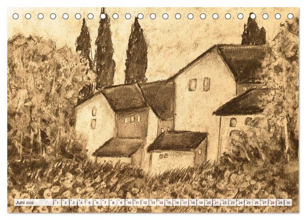 Produktbild: Pausen f&uuml;r deine Seele - Seelenlandschaften in Sepia - Ein Jahr der Ruhe mit Kohlezeichnungen (Tischkalender 2026 DIN A5 quer), CALVENDO Monatskalender