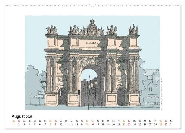 Produktbild: Potsdamer Sehensw&uuml;rdigkeiten in Ink und Farbe (hochwertiger Premium Wandkalender 2026 DIN A2 quer), Kunstdruck in Hochglanz