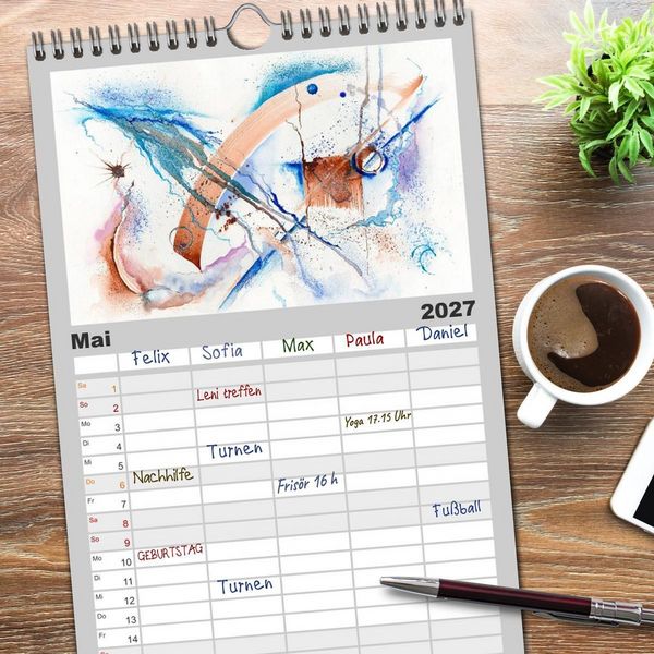 Produktbild: Familienplaner 2027 - Abstrakte Aquarelle mit 5 Spalten (Wandkalender, 21 x 45 cm) CALVENDO