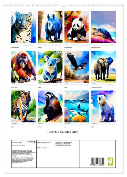 Produktbild: Bedrohte Tierarten 2026 (hochwertiger Premium Wandkalender 2026 DIN A2 hoch), Kunstdruck in Hochglanz