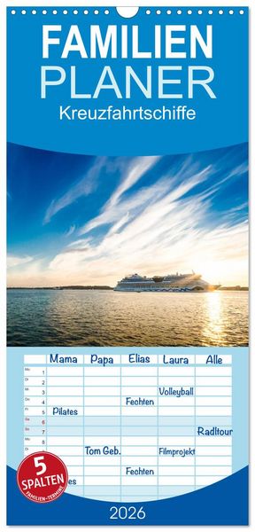 Produktbild: Familienplaner 2026 - Kreuzfahrtschiffe mit 5 Spalten (Wandkalender, 21 x 45 cm) CALVENDO