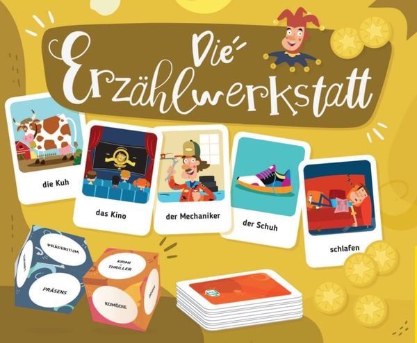 Produktbild: Die Erz&auml;hlwerkstatt. 132 Karten, 2 W&uuml;rfel, 60 Spielmarken, 1 Spielanleitung