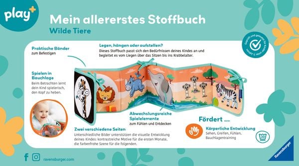 Produktbild: Ravensburger 4856 - play+ Mein allererstes Stoffbuch, für die Bauchlage: Wilde Tiere (Leporello)
