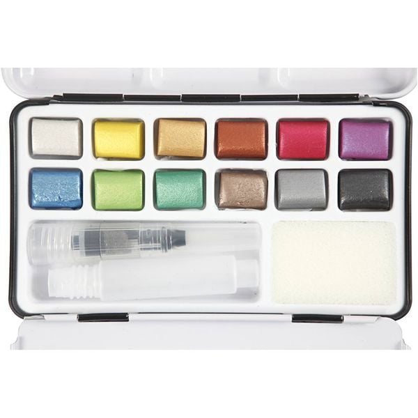 Produktbild: Creativ Company Aquarellk&auml;sten Art Aqua Aquarellfarbe, Metallic-Farben, Gr&ouml;&szlig;e 10x15 mm, 12 Farbe/ Kreativ Box