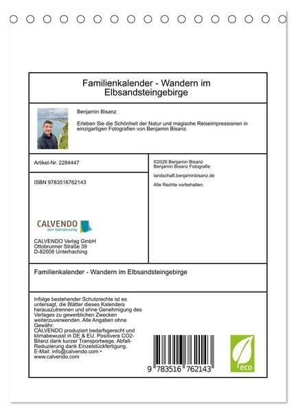 Produktbild: Familienkalender - Wandern im Elbsandsteingebirge (Tischkalender 2027 DIN A5 hoch), CALVENDO Monatskalender