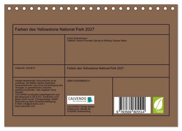 Produktbild: Farben des Yellowstone National Park 2027 (Tischkalender 2027 DIN A5 quer), CALVENDO Monatskalender