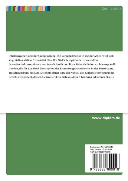 Produktbild: Die Rolle der Erinnerung in Ror Wolfs "Fortsetzung des Berichts"