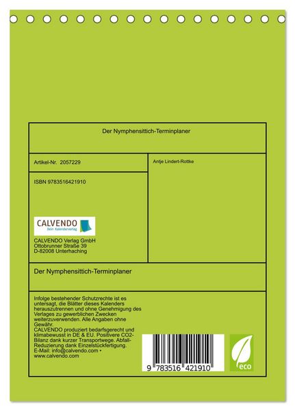 Produktbild: Der Nymphensittich-Terminplaner (Tischkalender 2026 DIN A5 hoch), CALVENDO Monatskalender