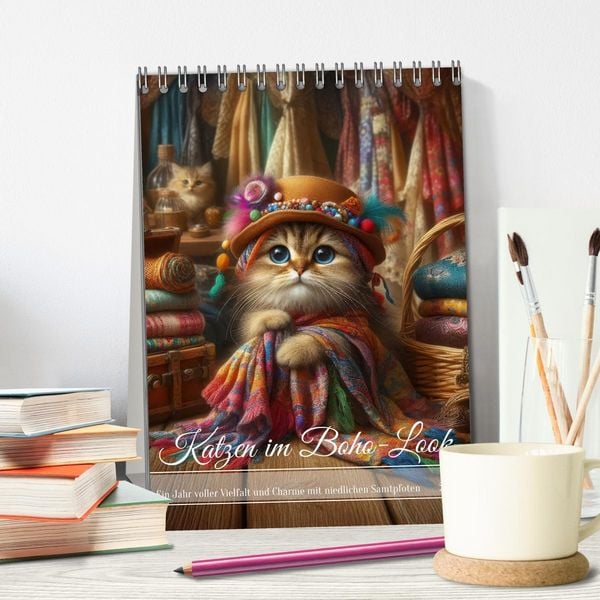 Produktbild: Katzen im Boho-Look - Ein Jahr voller Vielfalt und Charme mit niedlichen Samtpfoten (Tischkalender 2026 DIN A5 hoch), CALVENDO Monatskalender