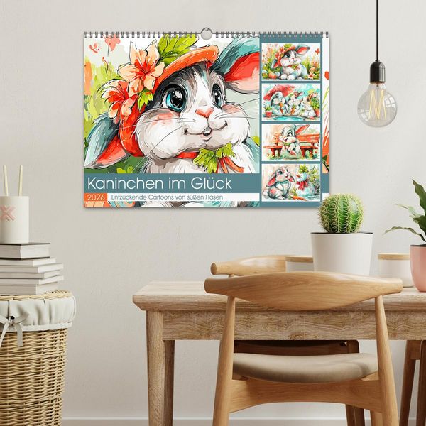 Produktbild: Kaninchen im Gl&uuml;ck. Entz&uuml;ckende Cartoons von s&uuml;&szlig;en Hasen (Wandkalender 2026 DIN A3 quer), CALVENDO Monatskalender