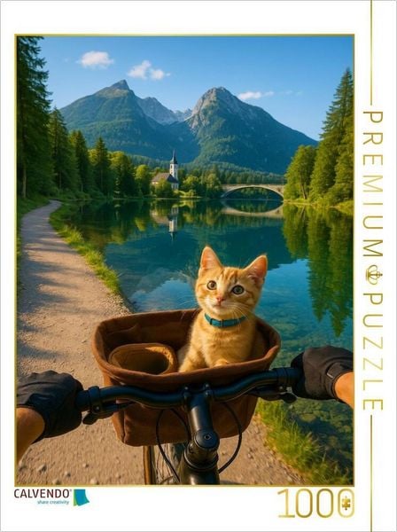 CALVENDO Puzzle Hintersee bei Raumsau mit Fahrrad und Katze | 1000 Teile Lege-Größe 64x48cm Foto-Puzzle für glückliche Stunden
