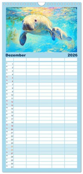 Produktbild: Familienplaner 2026 - Manatee Paintings. Rundschwanzseek&uuml;he im &Ouml;lgem&auml;lde-Stil mit 5 Spalten (Wandkalender, 21 x 45 cm) CALVENDO