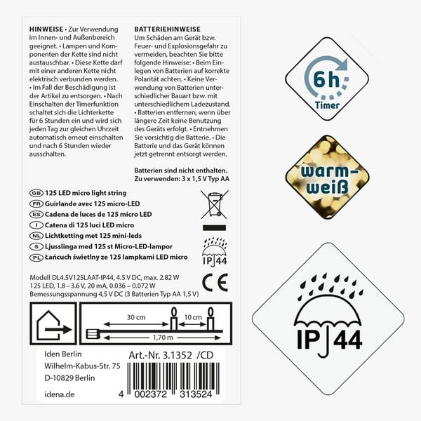 Produktbild: Idena Lichterkette 125 LED Cascade 6h Timer 1,7m