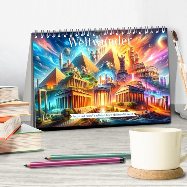Produktbild: Weltwunder: Antike und neue: Visualisiert durch Moderne KI-Kunst (Tischkalender 2026 DIN A5 quer), CALVENDO Monatskalender