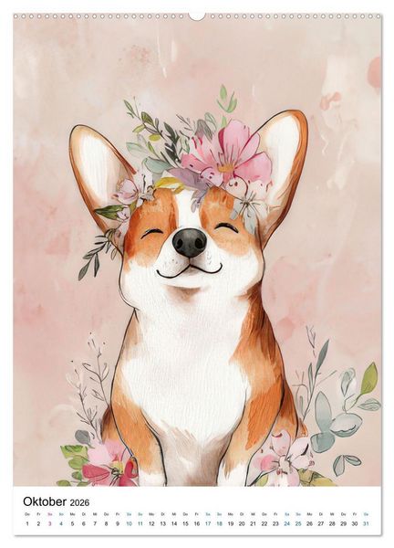 Produktbild: Corgis im Blumenrausch (hochwertiger Premium Wandkalender 2026 DIN A2 hoch), Kunstdruck in Hochglanz