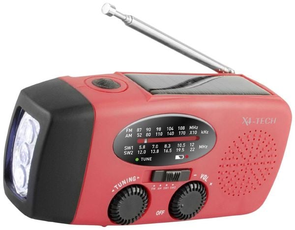 X4 Tech Notfallradio FM, AM, KW Akku-Ladefunktion, Handkurbel, Solarpanel, Taschenlampe, wiederaufladbar, spritzwasserge