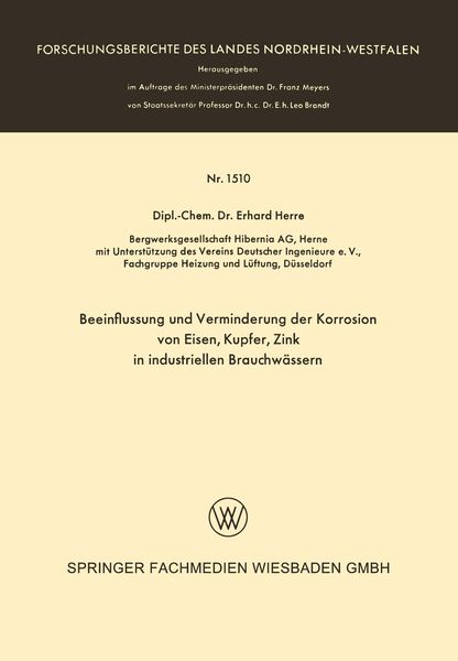 Produktbild: Beeinflussung und Verminderung der Korrosion von Eisen, Kupfer, Zink in industriellen Brauchw&auml;ssern