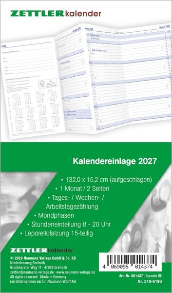 Produktbild: Kalenderersatzeinlage TP 1M/2S Leporello 2027