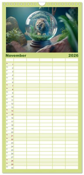 Produktbild: Familienplaner 2026 - Miniaturwelt in der Glaskugel mit 5 Spalten (Wandkalender, 21 x 45 cm) CALVENDO