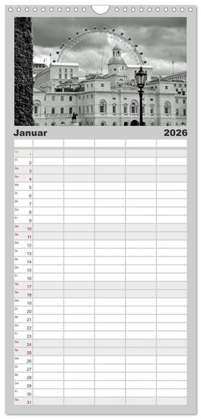 Produktbild: Familienplaner 2026 - London in Schwarz-Wei&szlig; mit 5 Spalten (Wandkalender, 21 x 45 cm) CALVENDO