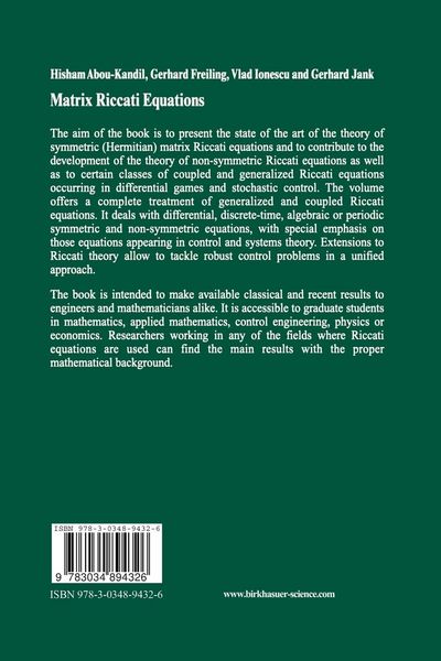 Produktbild: Matrix Riccati Equations in Control and Systems Theory