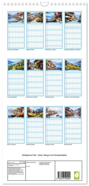 Produktbild: Familienplaner 2026 - S&uuml;dalpines Flair - Seen, Berge und Fantasiest&auml;dte mit 5 Spalten (Wandkalender, 21 x 45 cm) CALVENDO