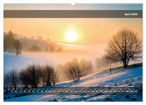 Produktbild: Verschneite Landschaft unter einer fahlen Wintersonne (hochwertiger Premium Wandkalender 2026 DIN A2 quer), Kunstdruck in Hochglanz