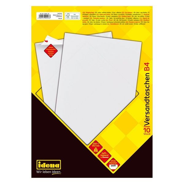 Produktbild: Idena Versandtaschen ohne Fenster haftklebend 100g/m&sup2; wei&szlig; DIN B4 10 St&uuml;ck