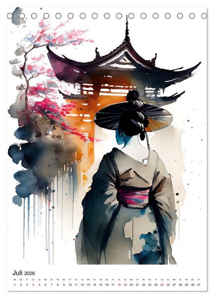 Produktbild: Geisha Aquarelle - Japanische Kulturdamen, Landschaft und Sakura (Tischkalender 2026 DIN A5 hoch), CALVENDO Monatskalender