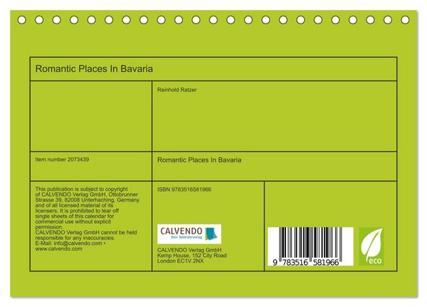 Produktbild: Romantic Places In Bavaria (Desk Calendar 2026 DIN A5 landscape), CALVENDO 12 Month DeskCalendar