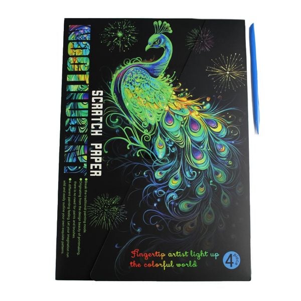 PRACHT Kratzbilder Pfau nachtleuchtend 28,5x21cm 4 Stück