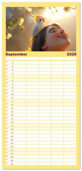 Produktbild: Familienplaner 2026 - Klein, laut, lustig - Nymphensittiche mit 5 Spalten (Wandkalender, 21 x 45 cm) CALVENDO