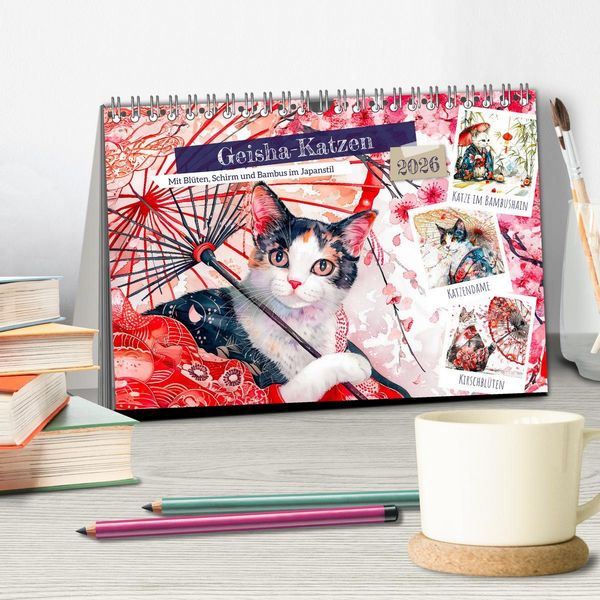 Produktbild: Geisha-Katzen - Mit Bl&uuml;ten, Schirm und Bambus im Japanstil (Tischkalender 2026 DIN A5 quer), CALVENDO Monatskalender