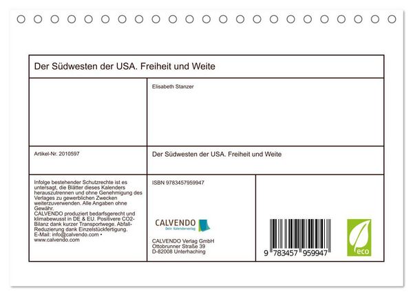 Produktbild: Der S&uuml;dwesten der USA. Freiheit und Weite (Tischkalender 2026 DIN A5 quer), CALVENDO Monatskalender