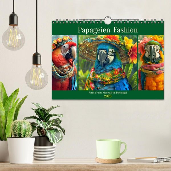 Produktbild: Papageien-Fashion. Farbenfroher Modestil im Dschungel (Wandkalender 2026 DIN A4 quer), CALVENDO Monatskalender