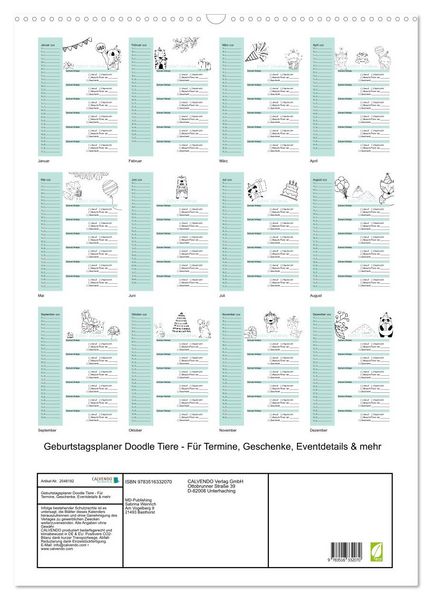 Produktbild: Geburtstagsplaner Doodle Tiere - F&uuml;r Termine, Geschenke, Eventdetails & mehr (Wandkalender 2026 DIN A2 hoch), CALVENDO Monatskalender