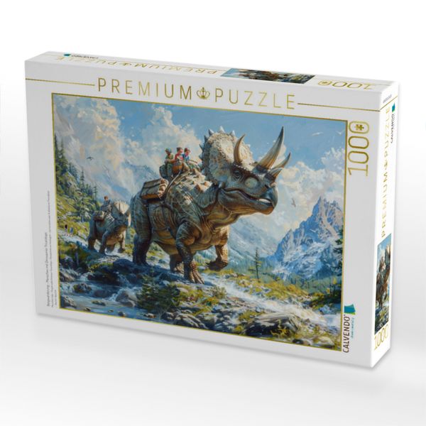 Produktbild: CALVENDO Puzzle Bergwanderung - Menschen mit Dinosaurier Triceratops | 1000 Teile Lege-Gr&ouml;&szlig;e 64x48cm Foto-Puzzle f&uuml;r gl&uuml;ckliche Stunden