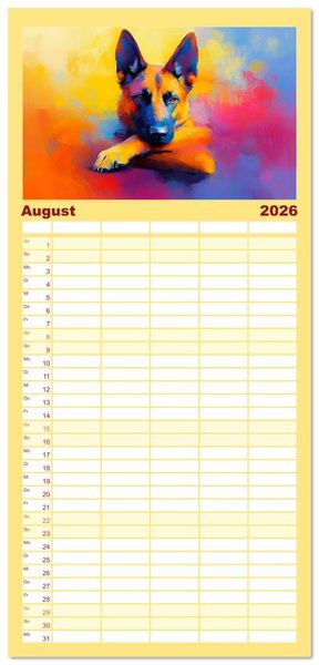 Produktbild: Familienplaner 2026 - Kraftvolle Partner. Hunde in k&uuml;nstlerischer &Ouml;loptik mit 5 Spalten (Wandkalender, 21 x 45 cm) CALVENDO