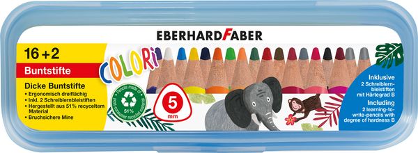 Produktbild: EBERHARD FABER Buntstifte Colori 16+2 dreifl&auml;chig dick 16 Farben Mine 5mm 2 Schreiblernbleistifte