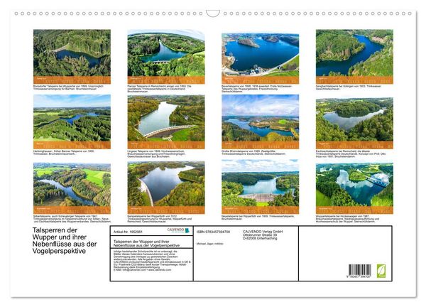 Produktbild: Talsperren der Wupper und ihrer Nebenfl&uuml;sse aus der Vogelperspektive (Wandkalender 2026 DIN A2 quer), CALVENDO Monatskalender
